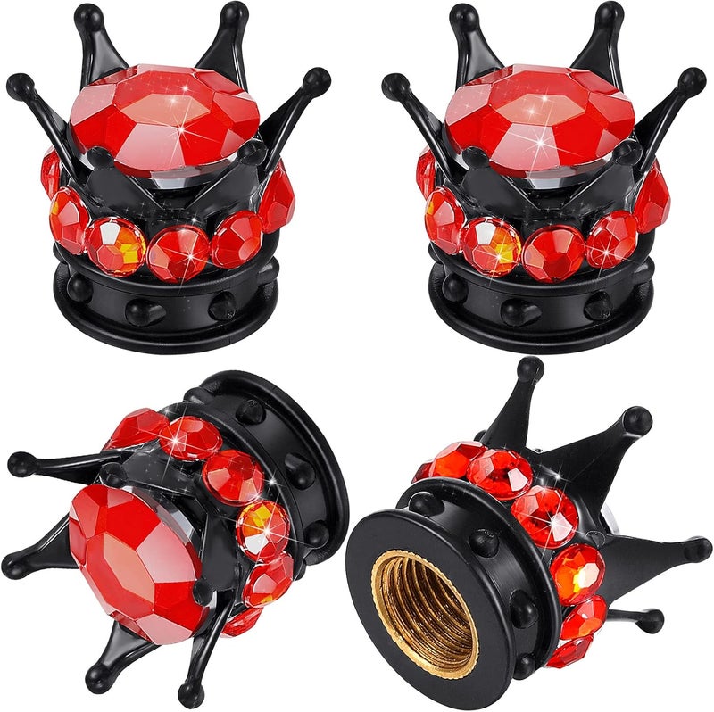 Frienda 4 Pieces Crown Tire Valve Stem Caps Bling Handmade Crystal Rhinestone Universal Chrome Crown Vehicle Car Tire Caps Covers, Attractive Accessories for Car (Red and Black) - Image 1